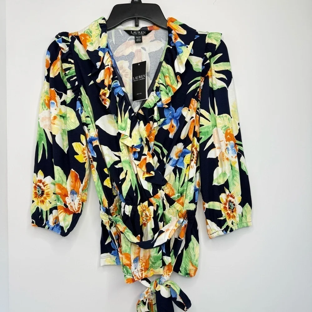 Lauren Ralph Lauren Floral Jersey Belted Peplum Top Women M Ruffles Tropical - Picture 4 of 15